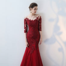 Load image into Gallery viewer, Appliqued Wine Lace Mermaid Prom Dresses Half Sleeves - promboutiqueonline