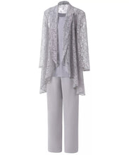 Load image into Gallery viewer, Formal Grey Mother of the Bride Dress 3PCS Pantsuits with Lace Long Sleeves Jacket - promboutiqueonline