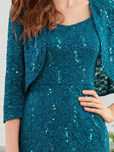 Load image into Gallery viewer, Mid-Length Peacock Lace Fit and Flare Glitter Mother of The Bride Dresses Two Pieces - promboutiqueonline