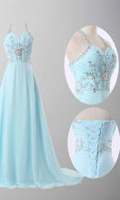Load image into Gallery viewer, Sky Blue Crystal Halter Long Prom Dresses Tie Up Back P447 - promboutiqueonline