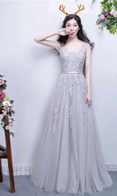 Load image into Gallery viewer, Grey Applique V-neck Long Lace Prom Dresses with Tank Straps P451 - promboutiqueonline