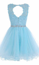 Load image into Gallery viewer, High Illusion Short Blue Embroidery Lace Prom Dresses - promboutiqueonline
