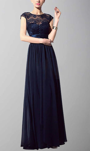 Dark Blue Button Long Lace Bridesmaid Dresses with Sash Bowknot Belt P487
