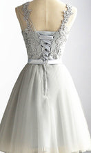 Load image into Gallery viewer, Applique Lace Short Grey Bowknot 8th Grade Prom Dresses with Lace Up Back  P488 - promboutiqueonline