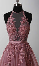 Load image into Gallery viewer, Halter Illusion Embellishment Purple Long Prom Gowns Lace Up Back - promboutiqueonline