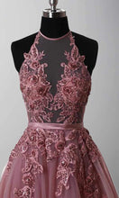 Load image into Gallery viewer, Halter Illusion Embellishment Purple Long Prom Gowns Lace Up Back - promboutiqueonline