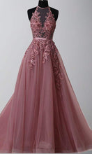 Load image into Gallery viewer, Halter Illusion Embellishment Purple Long Prom Gowns Lace Up Back - promboutiqueonline