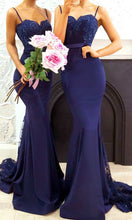 Load image into Gallery viewer, Beautiful Blue lace Mermaid Bridesmaid Dresses Long with Spaghetti Straps P497 - promboutiqueonline