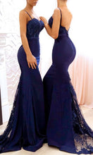 Load image into Gallery viewer, Beautiful Blue lace Mermaid Bridesmaid Dresses Long with Spaghetti Straps P497 - promboutiqueonline