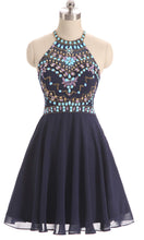 Load image into Gallery viewer, Short Blue Prom Dresses Features Patterned Rhinestone Embellishment Halter Top P503 - promboutiqueonline