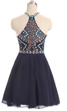 Load image into Gallery viewer, Short Blue Prom Dresses Features Patterned Rhinestone Embellishment Halter Top P503 - promboutiqueonline