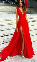 Load image into Gallery viewer, Flowy Long Red Prom Dresses With Plunge V-neck And High Side Slit P506 - promboutiqueonline