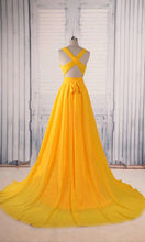 Load image into Gallery viewer, Plunging Long Yellow Prom Dresses with Cross Straps Open Back KSP507 - promboutiqueonline