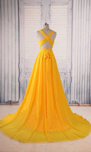 Load image into Gallery viewer, Plunging Long Yellow Prom Dresses with Cross Straps Open Back KSP507 - promboutiqueonline