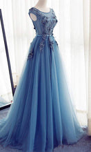 Load image into Gallery viewer, Floral Embellished Sheer Lace Blue Prom Dresses With Adjustable Lace Up Back P514 - promboutiqueonline