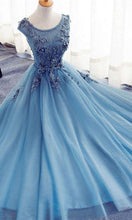 Load image into Gallery viewer, Floral Embellished Sheer Lace Blue Prom Dresses With Adjustable Lace Up Back P514 - promboutiqueonline