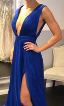 Load image into Gallery viewer, Deep V-neck Long Roayl Blue Prom Dresses Sexy Maxi Slit Prom Dresses P528 - promboutiqueonline