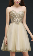 Load image into Gallery viewer, Embroidery Applique Rhinestone Short Golden Prom Dresses Lace Up Back P535 - promboutiqueonline