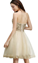 Load image into Gallery viewer, Embroidery Applique Rhinestone Short Golden Prom Dresses Lace Up Back P535 - promboutiqueonline