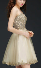 Load image into Gallery viewer, Embroidery Applique Rhinestone Short Golden Prom Dresses Lace Up Back P535 - promboutiqueonline