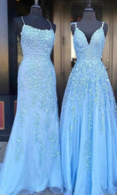 Load image into Gallery viewer, Long Applique Embellished Blue Mermaid Prom Dresses P579 - promboutiqueonline