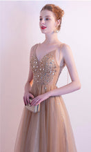 Load image into Gallery viewer, Embellished Gold Champagne Ball Dresses with Knotted Up Spaghetti Straps P583 - promboutiqueonline
