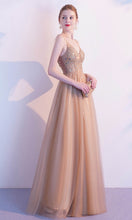 Load image into Gallery viewer, Embellished Gold Champagne Ball Dresses with Knotted Up Spaghetti Straps P583 - promboutiqueonline