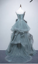 Load image into Gallery viewer, Mist Blue Long Applique Sheer Tulle Bustier Prom Gown Dresses Lace Up Back P592 - promboutiqueonline