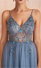 Load image into Gallery viewer, Dusty Blue Beaded See Through Long Slit Prom Dresses with Spaghetti Straps - promboutiqueonline