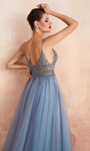 Load image into Gallery viewer, Dusty Blue Beaded See Through Long Slit Prom Dresses with Spaghetti Straps - promboutiqueonline
