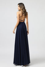 Load image into Gallery viewer, Dark Blue Appliqued Strappy Prom Dresses Long with String Back - promboutiqueonline