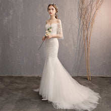 Load image into Gallery viewer, Appliqued Off Shoulder Mermaid Wedding Gowns with Half Sleeves - promboutiqueonline
