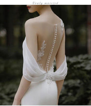 Load image into Gallery viewer, Button Detailed Back Mermaid Satin Wedding Dresses with Drap Sleeves - promboutiqueonline