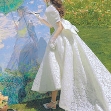 Load image into Gallery viewer, French Style High Low Puff Sleeves Lace Wedding Gowns with High Neckline - promboutiqueonline