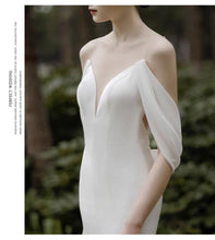 Load image into Gallery viewer, Button Detailed Back Mermaid Satin Wedding Dresses with Drap Sleeves - promboutiqueonline