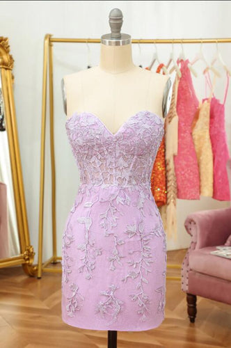 Lavender Appliqued Sheer Corset Short Tight Prom Dresses P620