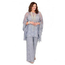 Load image into Gallery viewer, Grey Lace Mother of The Bride Pantsuit for Wedding Jeweled Neck 3PCS  Loose Groom Mother Dressy Pantsuit - promboutiqueonline
