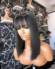 Load image into Gallery viewer, 100% Human Hair Wig With Bangs For Black Women Cheap Brazilian Straight Black Long Fringe Wig - promboutiqueonline