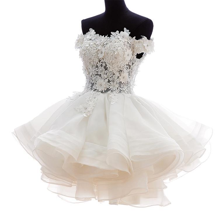 Off Shoulder Short Lace Bodice Wedding Dresses Appliqued Tutu Rehearsal Dress - promboutiqueonline