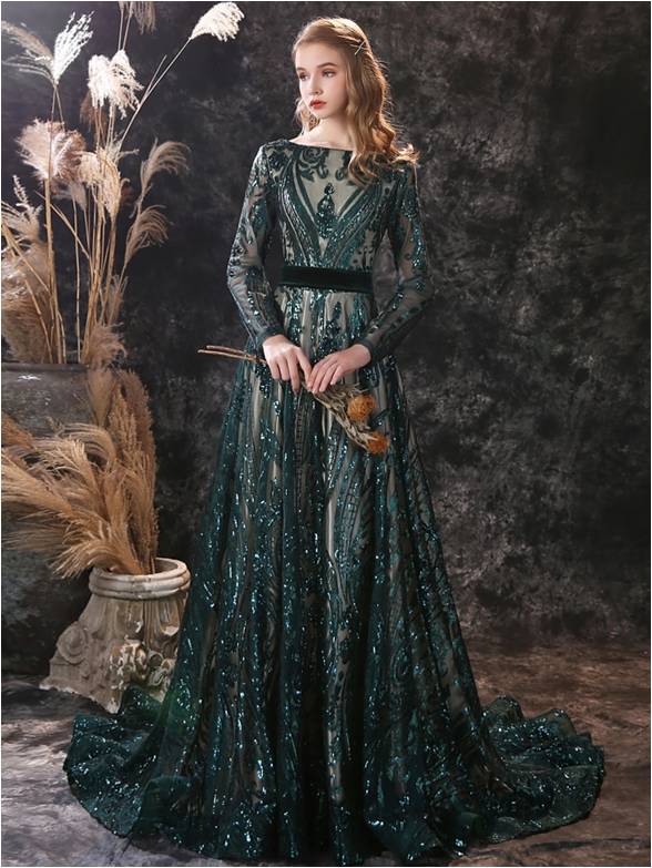 Green Long Sleeves Sequined Prom Gowns with Bateau Neckline - promboutiqueonline