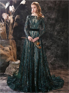 Green Long Sleeves Sequined Prom Gowns with Bateau Neckline