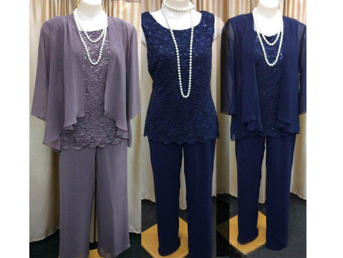 Long Sleeves 3 Pieces Chiffon And Lace Mother of The Groom Pantsuit