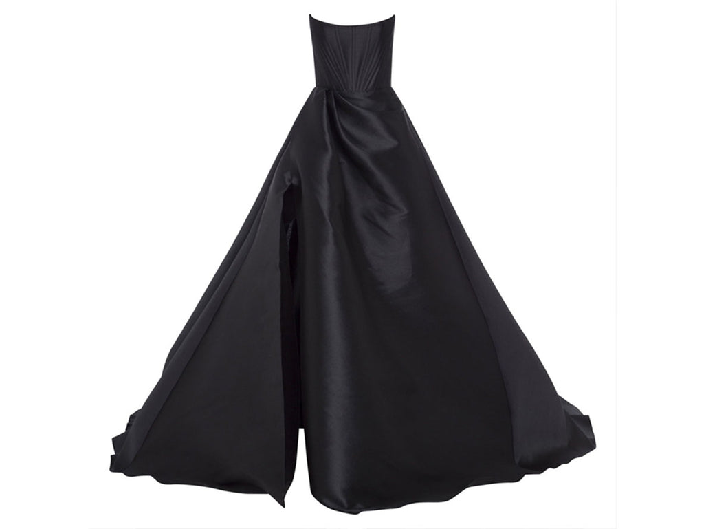 Scoop Draped Black Satin Bustier Wedding Gowns High Slit with Pockets - promboutiqueonline