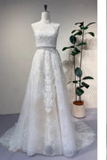 Convertible lace wedding dress with detachable high neck overlay and A-line skirt, elegant 2-in-1 bridal gown front view