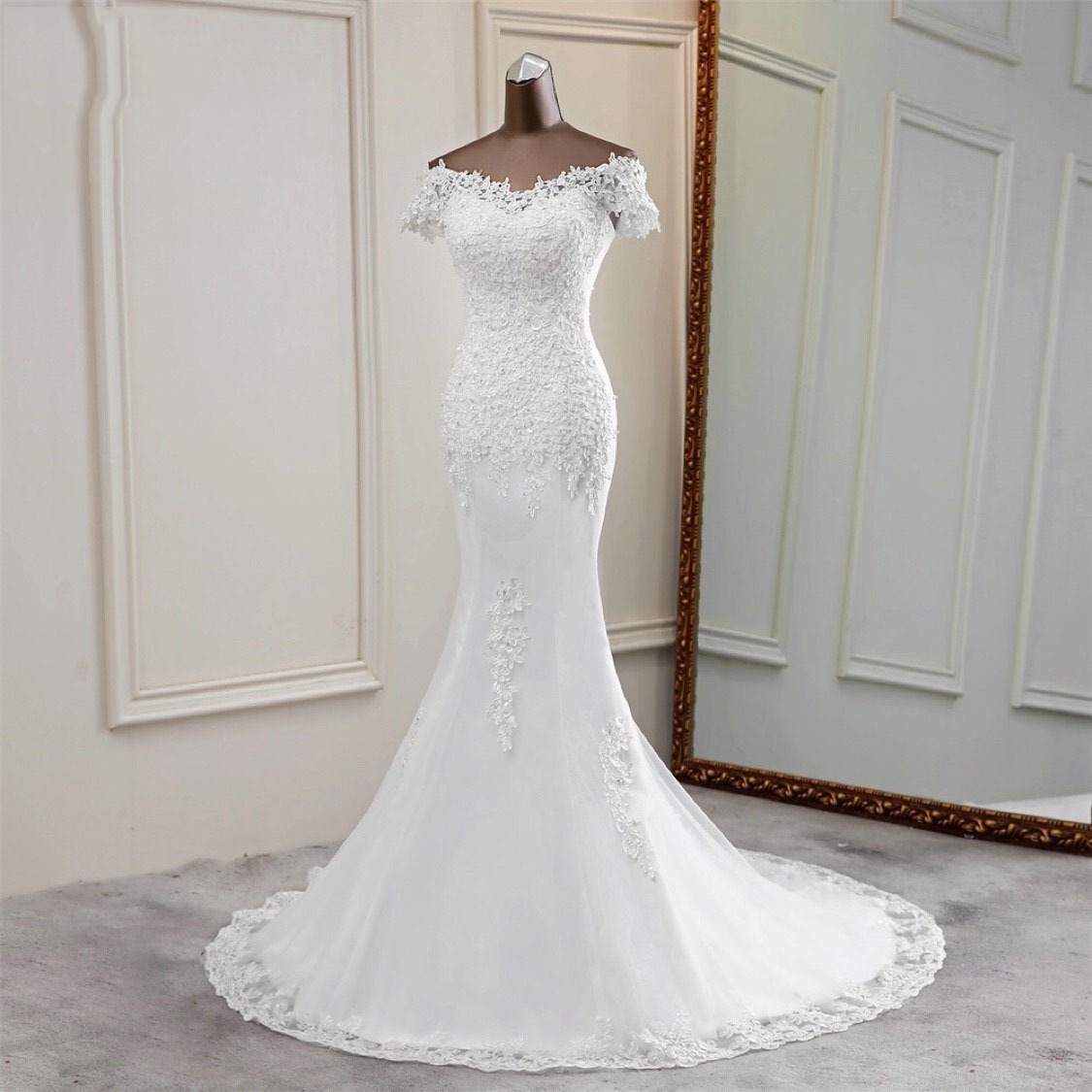 Appliqued mermaid off the shoulder lace wedding gowns with short sleeves - promboutiqueonline