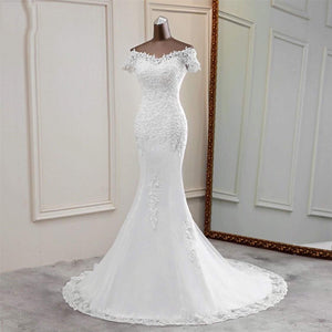 Appliqued mermaid off the shoulder lace wedding gowns with short sleeves