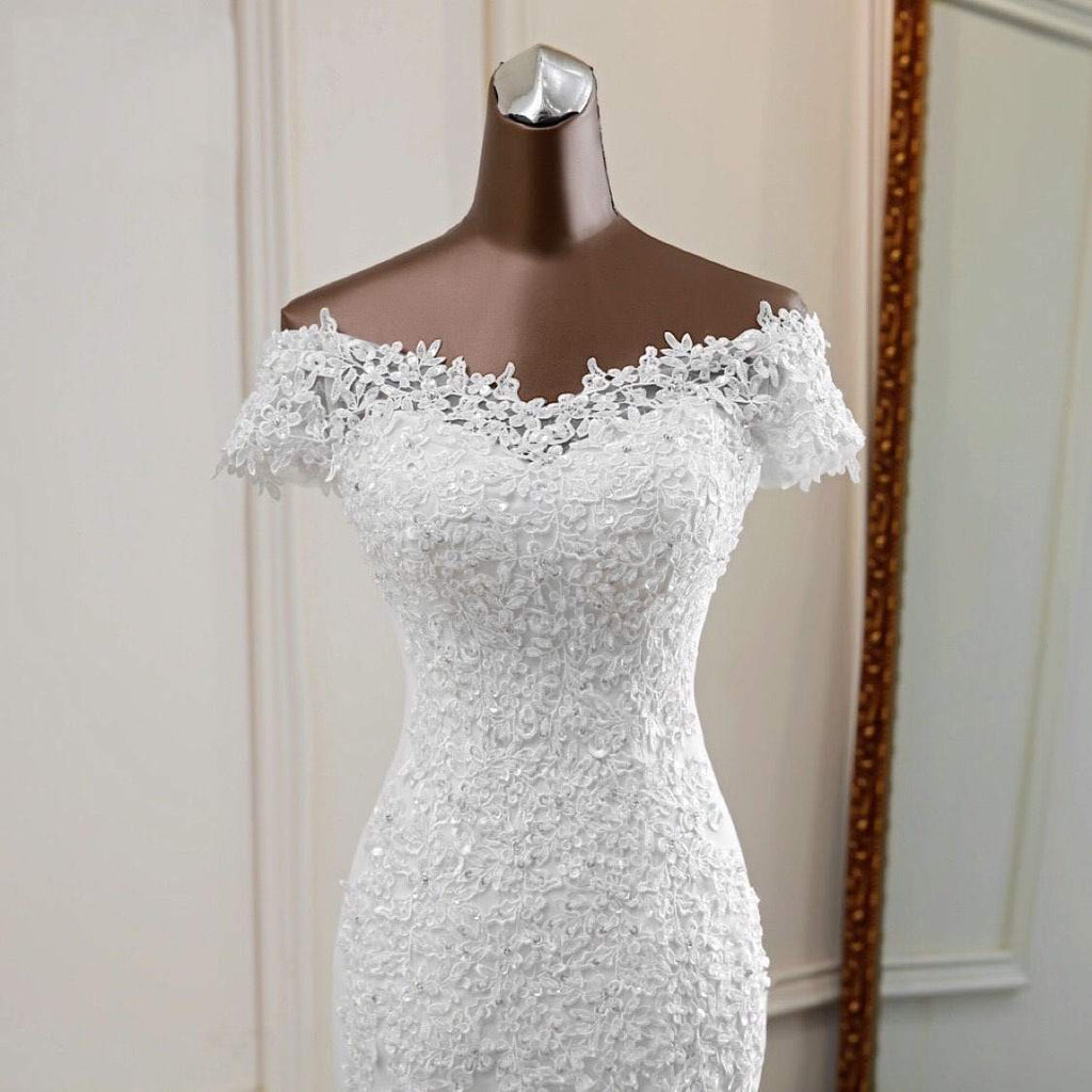 Appliqued mermaid off the shoulder lace wedding gowns with short sleeves - promboutiqueonline