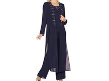 Load image into Gallery viewer, Beaded Navy Chiffon 3PCS Mother of The Bride Pant Suits With Long Coat Formal MOG Dresses