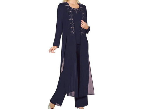 Beaded Navy Chiffon 3PCS Mother of The Bride Pant Suits With Long Coat Formal MOG Dresses