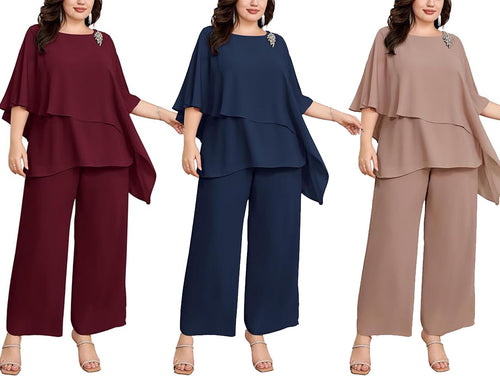 2PCS Crew Neck Mother of The Bride Pant Suits Bating Sleeves MOG Outfits - promboutiqueonline